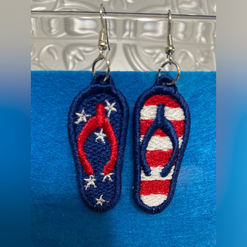 Handmade Embroidered free standing lace FlipFlop patriotic earrings.